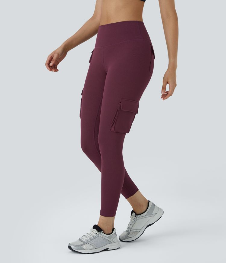 High Waisted Multiple Pockets Waffle 7/8 Yoga Leggings
