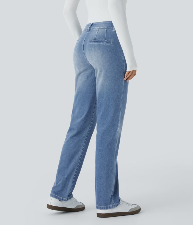 Jean décontracté délavé taille basse en maille extensible, coupe droite avec poches avant et fermeture zippée