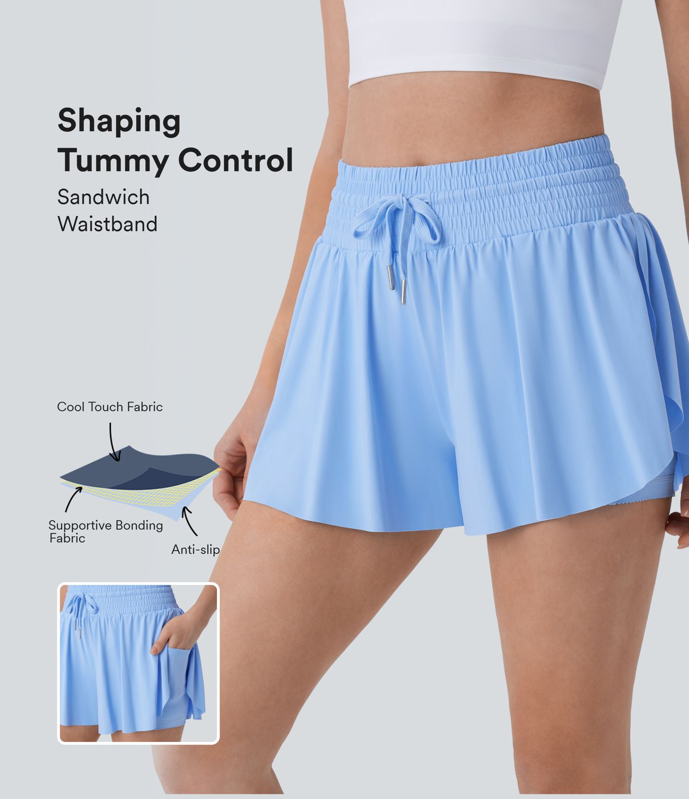 High Waisted Tummy Control Drawstring 2-in-1 Anti-slip Hem Cool Touch Yoga Shorts with Pockets-UPF50+