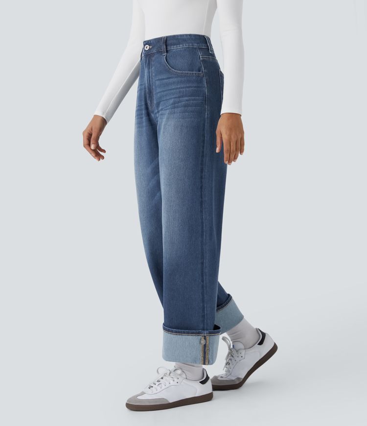 Halara Flex™ High Waisted Multiple Pockets Adjustable Hem Wide Leg Washed Stretchy Knit Casual Jeans