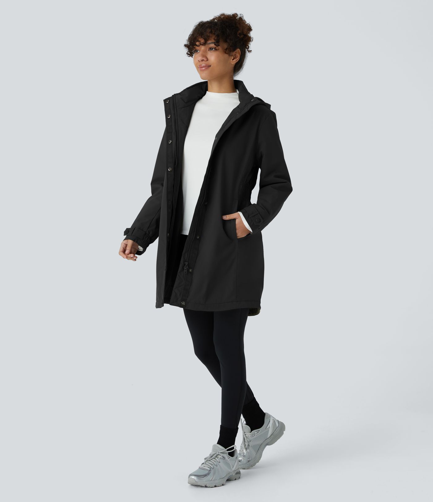 Veste longue de randonnée en polaire avec capuche amovible et col montant