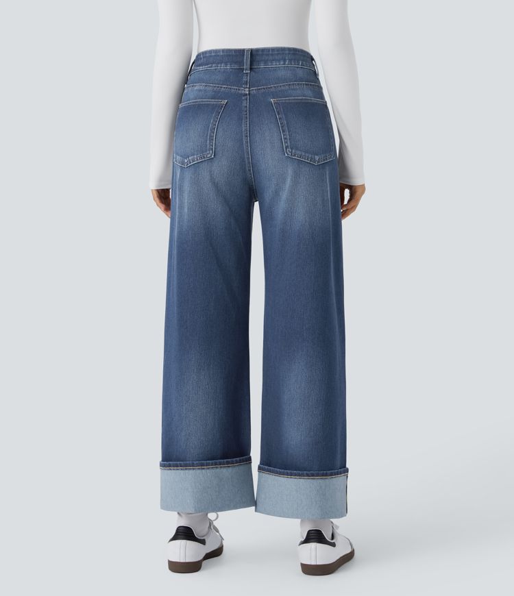 Halara Flex™ High Waisted Multiple Pockets Adjustable Hem Wide Leg Washed Stretchy Knit Casual Jeans