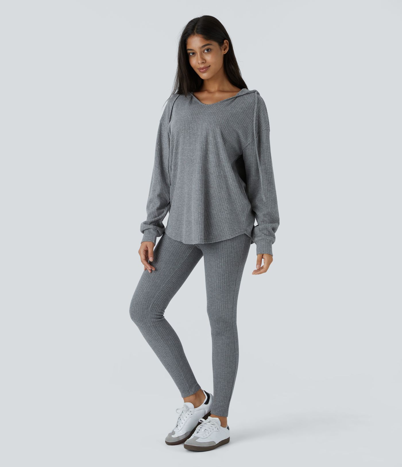 Sudadera capucha cuello V manga larga dobladillo curvo cordón ajustable acanalado