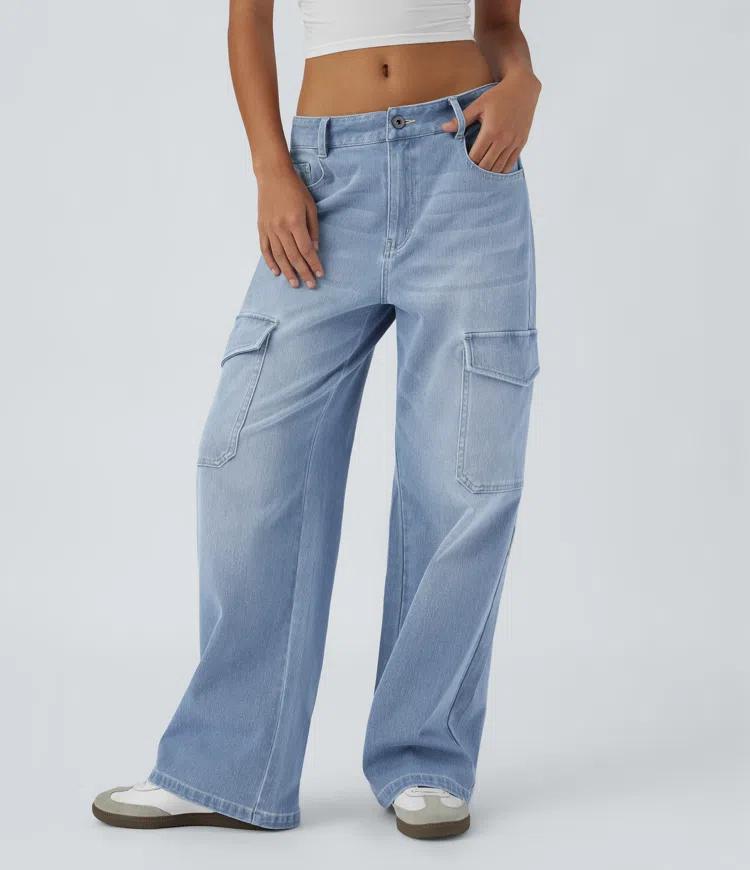 Halara Flex™ Mid Rise Zipper Pockets Baggy Wide Leg Casual Cargo Jeans