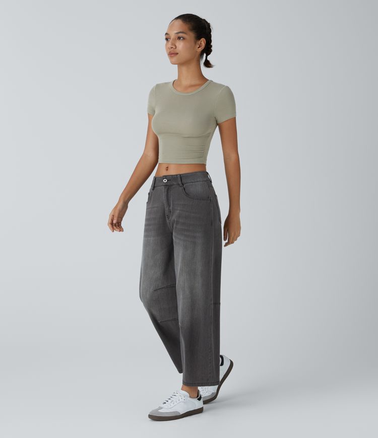 Jean décontracté Halara Flex™ taille basse avec bouton, fermeture éclair, multiples poches et jambes amples en maille extensible