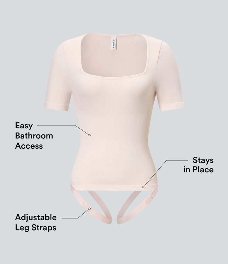 Seamless Flow Smoothing Square Neck Adjustable Leg Straps Work Bodysuit-Easy Peezy