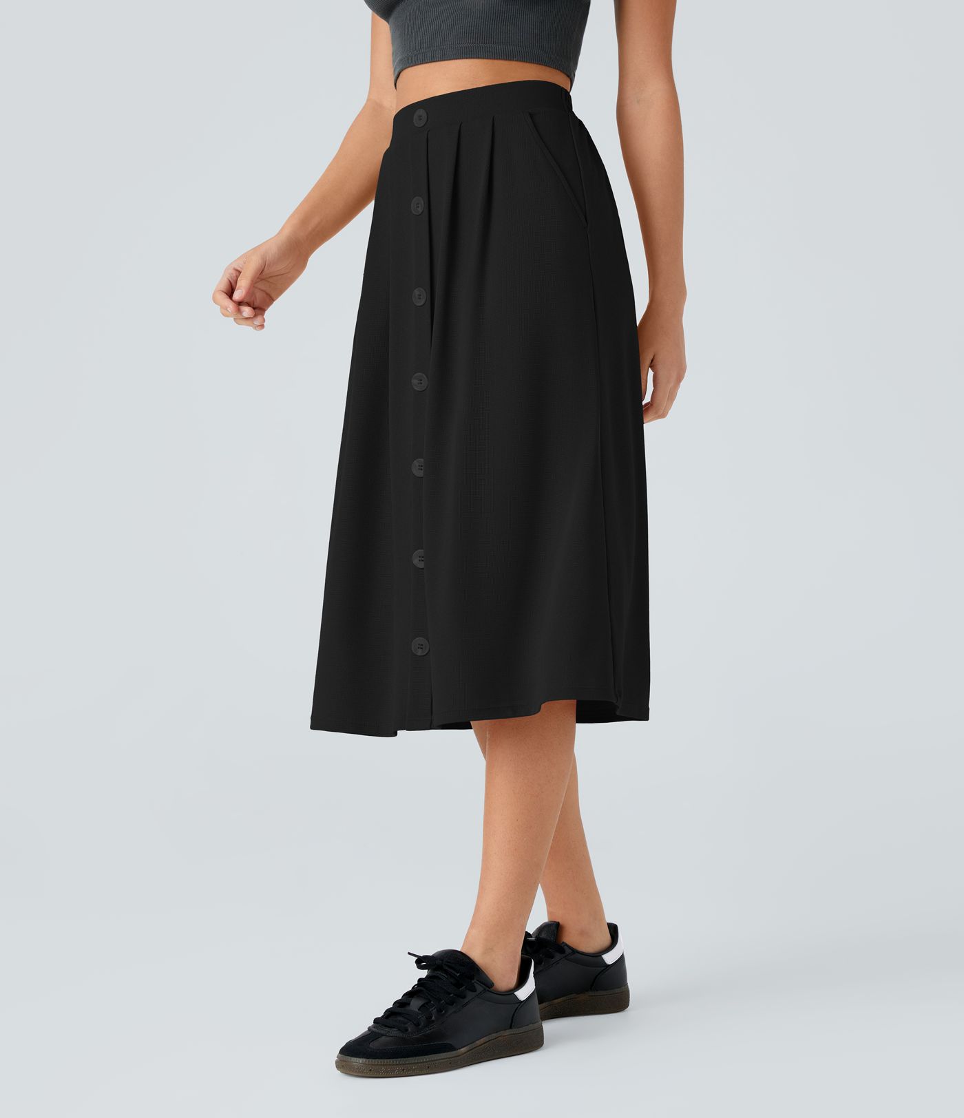 High waist decorative button side pocket waffle A-line midi casual skirt