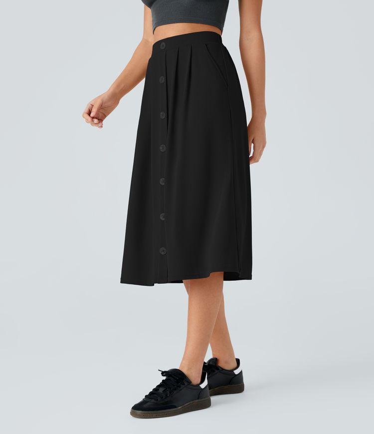 High Waisted Decorative Pocket Waffle A Line Midi Casual Skirt