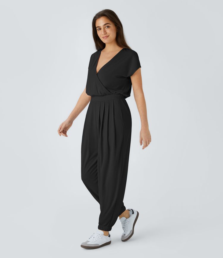 Vネック 半袖 折り返しサイドポケット ワッフル カジュアル ジョガー ジャンプスーツ