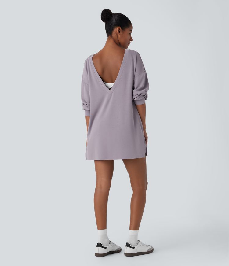 V Neck Dropped Shoulder Side Pocket Split Relaxed Casual Sweatshirt-Front and Back Wearable