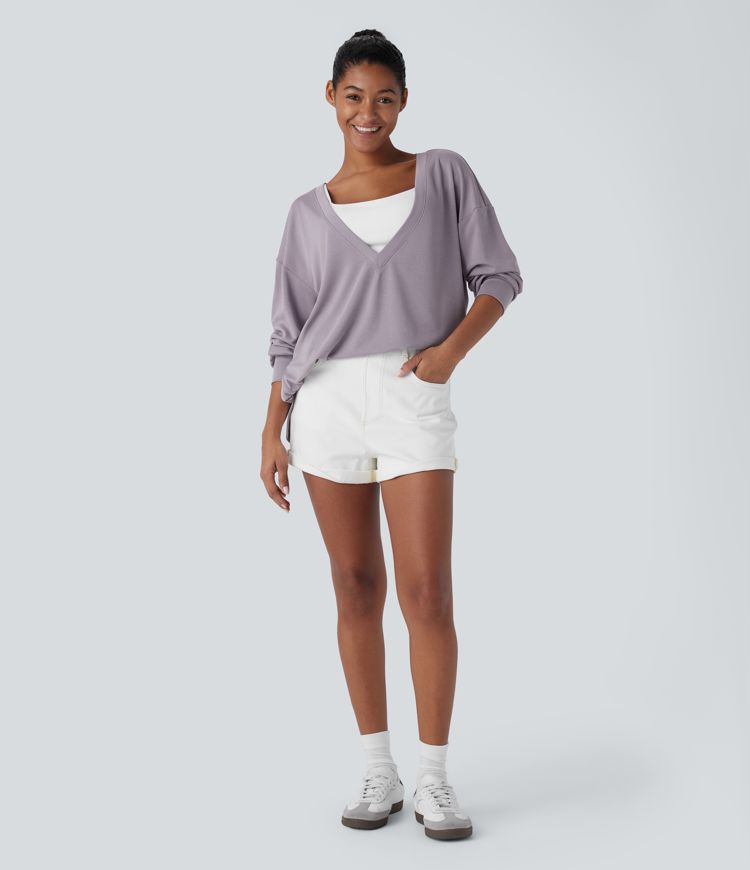 V Neck Dropped Shoulder Side Pocket Split Relaxed Casual Sweatshirt-Front and Back Wearable