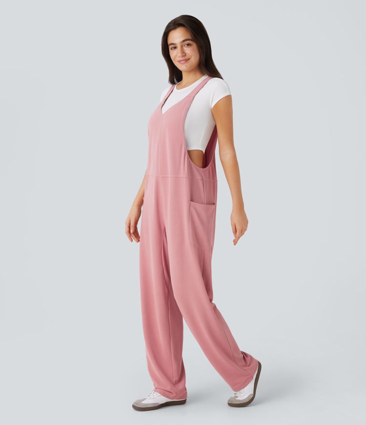 V Neck Side Pocket Waffle Casual Dungarees