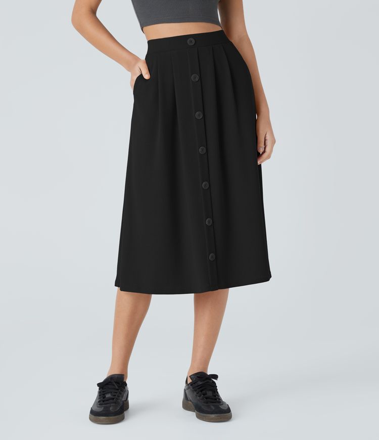 High Waisted Decorative Pocket Waffle A Line Midi Casual Skirt