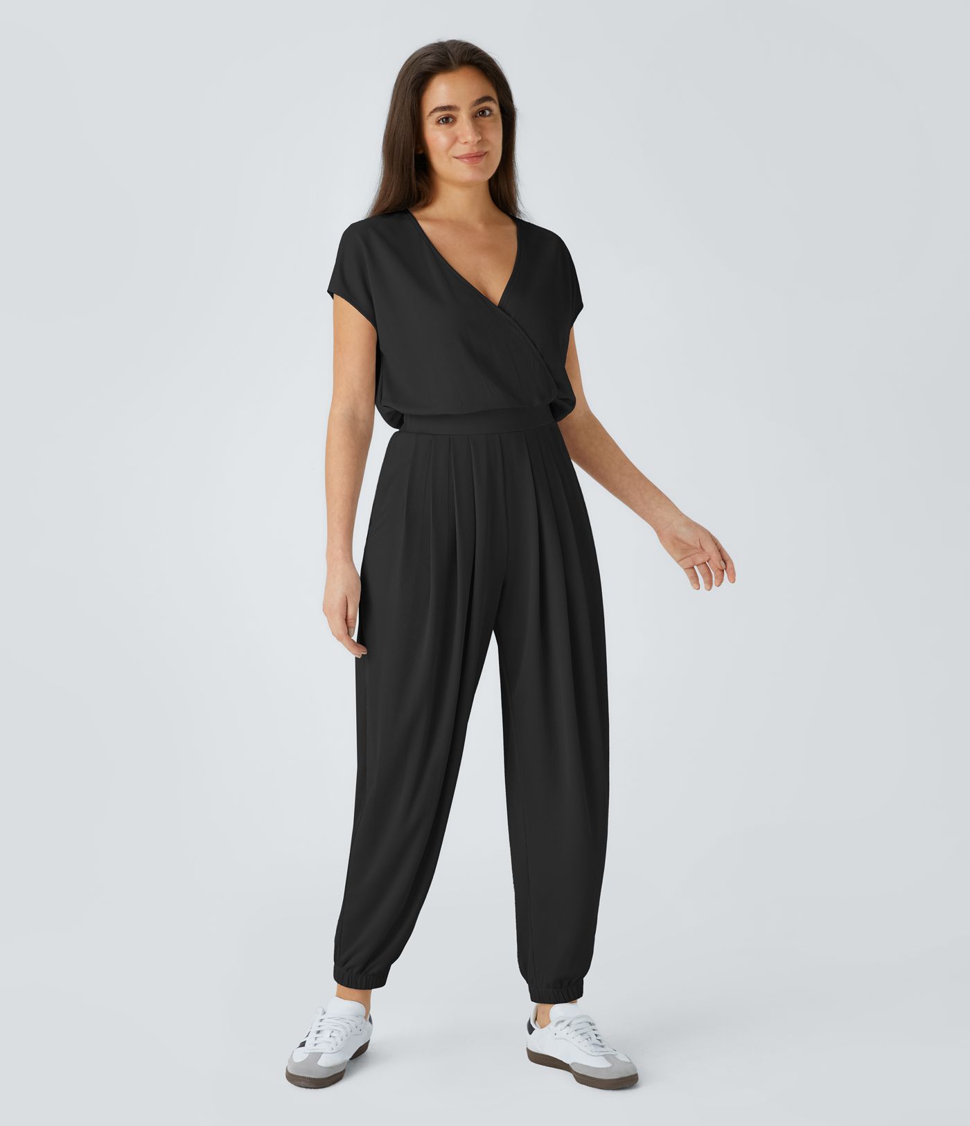 Vネック 半袖 折り返しサイドポケット ワッフル カジュアル ジョガー ジャンプスーツ