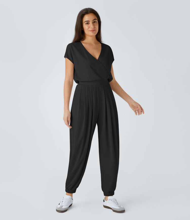 Vネック 半袖 折り返しサイドポケット ワッフル カジュアル ジョガー ジャンプスーツ