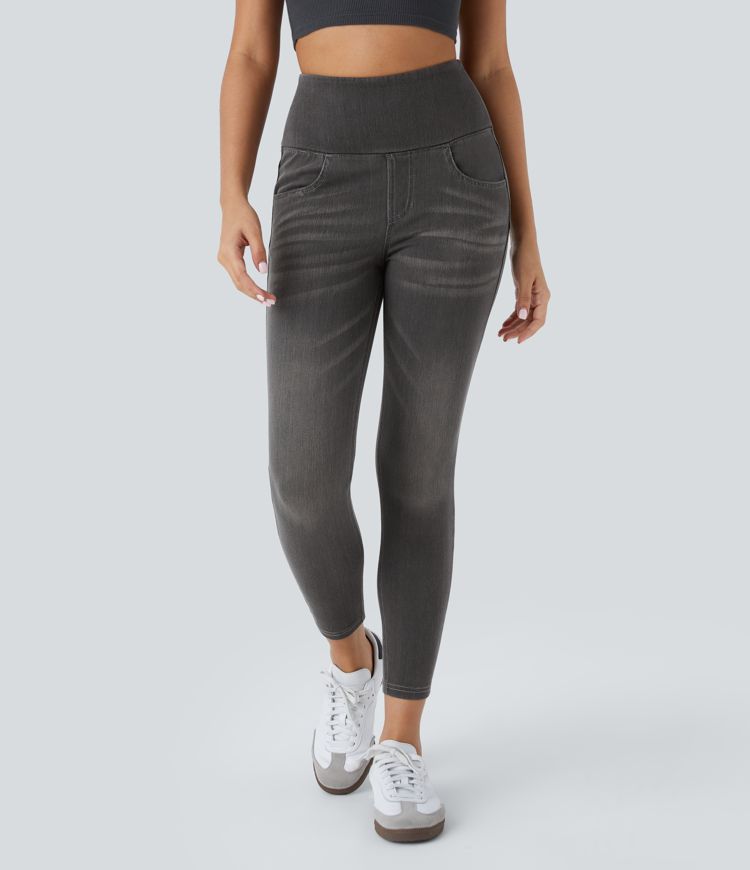 Leggings casuales de mezclilla elástica de tiro alto con varios bolsillos