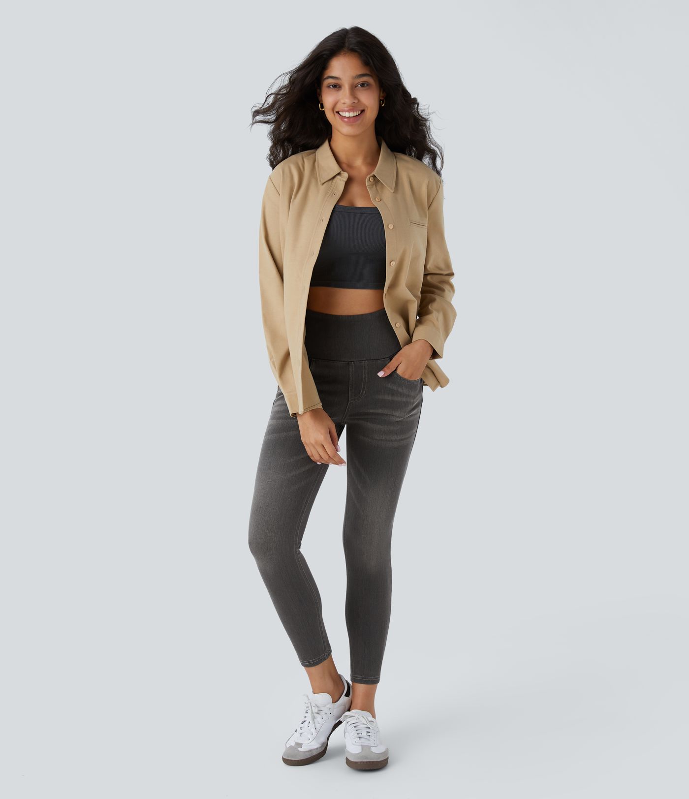 Legging 7/8 décontracté taille haute effet denim avec poches