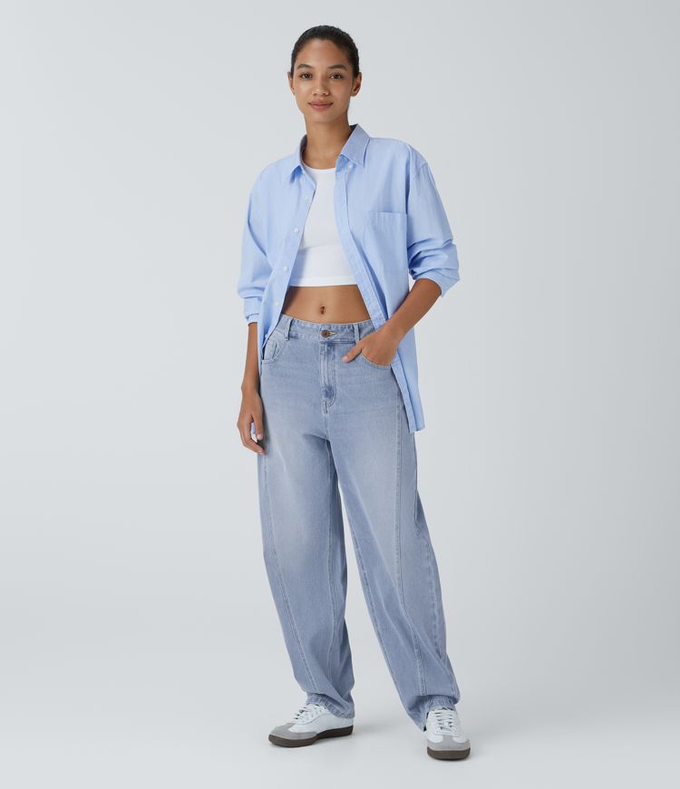 Halara Flex™ Mid Low Rise Zipper Pockets Washed Casual Baggy Mom Jeans