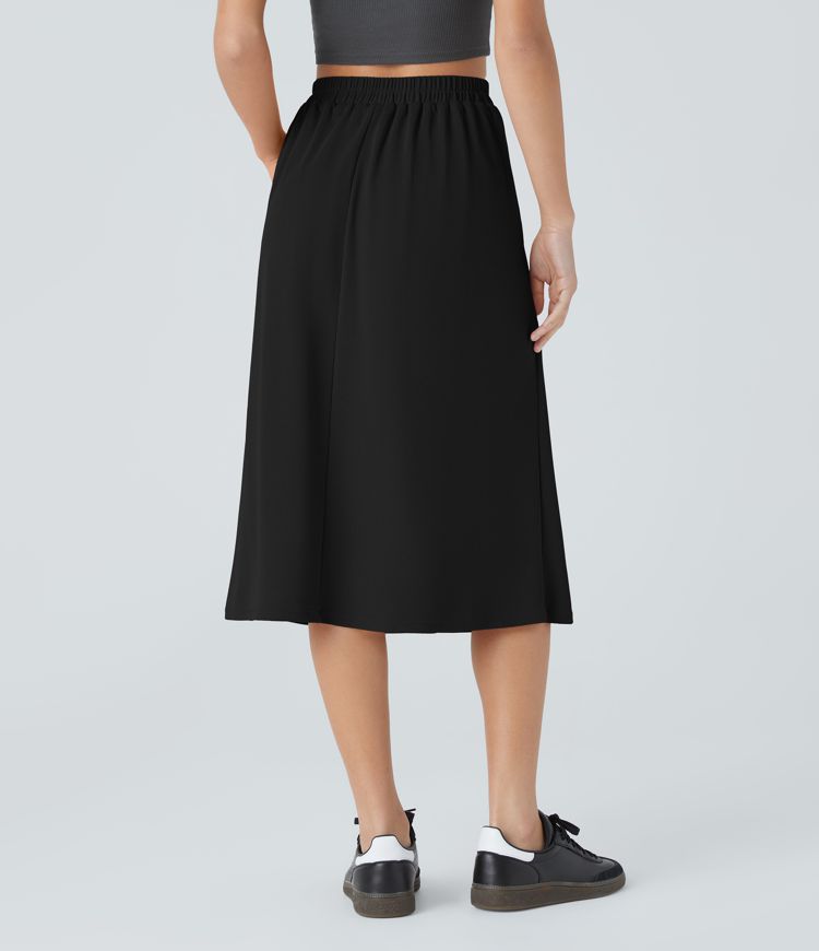 High Waisted Decorative Pocket Waffle A Line Midi Casual Skirt