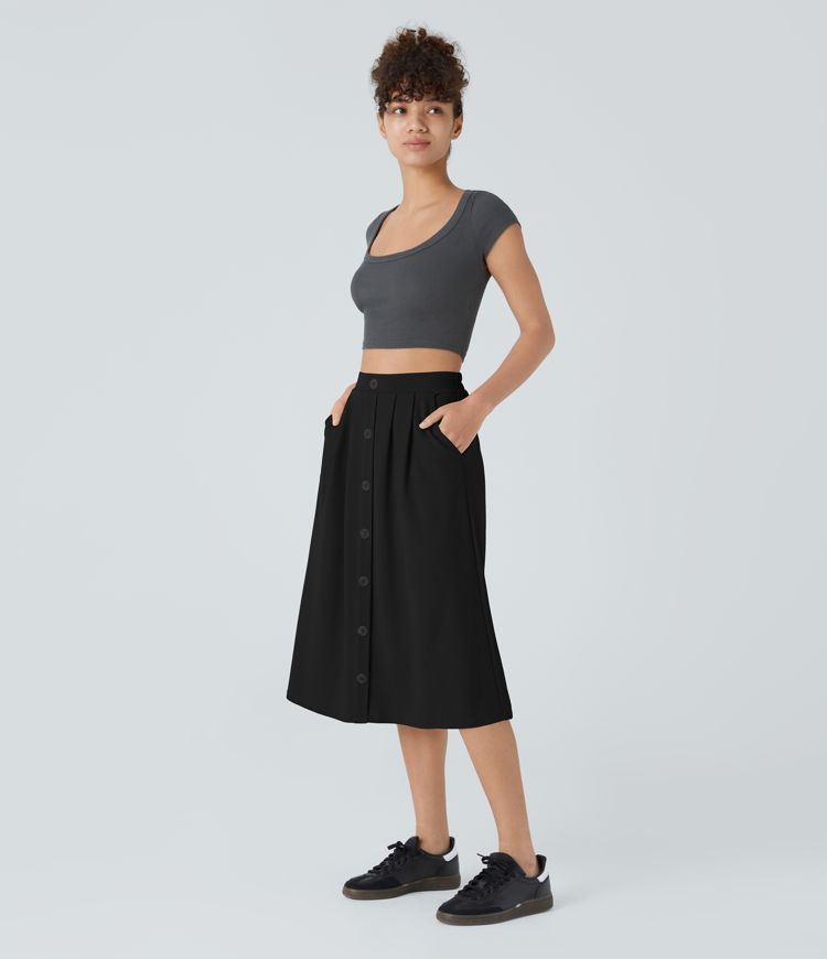 High Waisted Decorative Pocket Waffle A Line Midi Casual Skirt