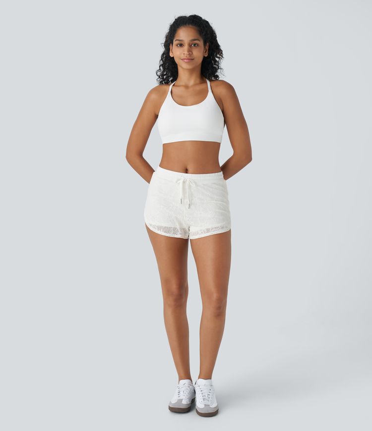 Mid Rise Drawstring 2-in-1 Curved Hem Lace Yoga Shorts