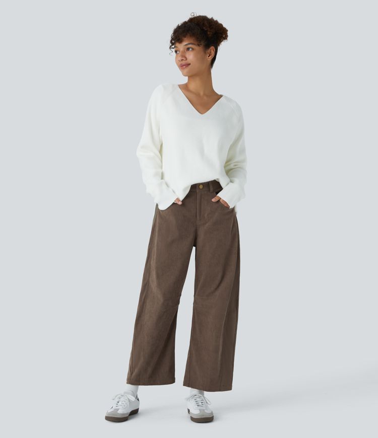Pantalon décontracté en velours côtelé à taille moyenne, jambes bouffantes longueur cheville, poches multiples et fermeture zippée