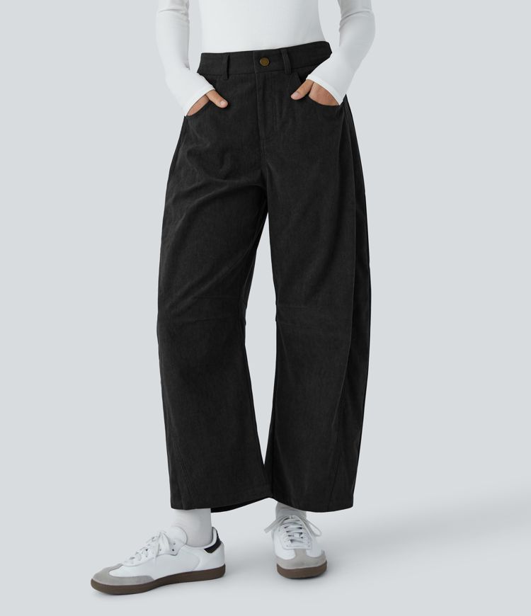 Mid Rise Zipper Pockets Barrel Leg Ankle Length Casual Corduroy Pants