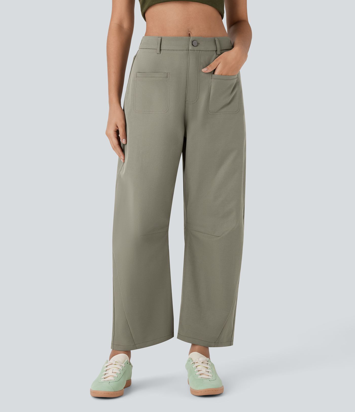 Pantalon Décontracté à Jambes Larges et Taille Haute avec Poches