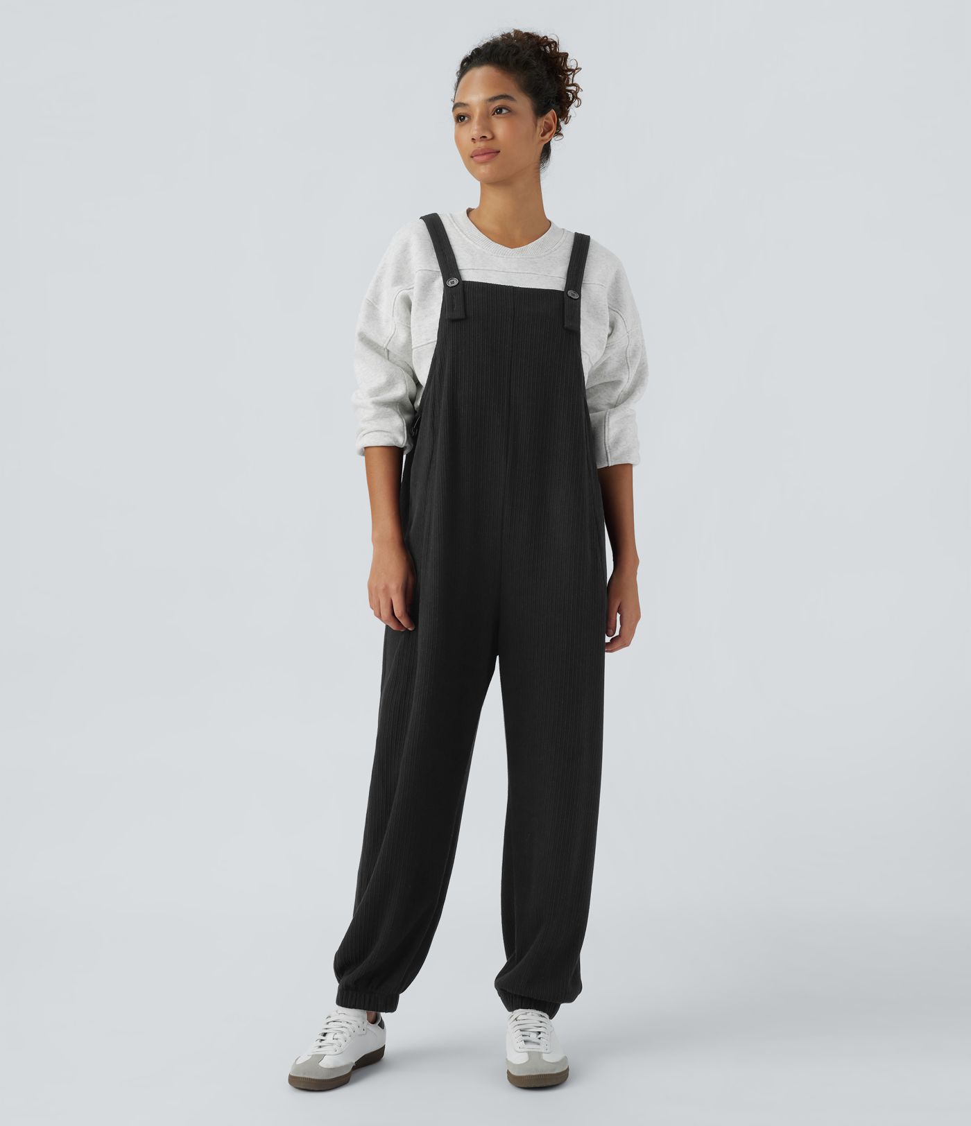 Ribbed Adjustable Straps Drawstring Side Pocket Casual Jogger Dungarees