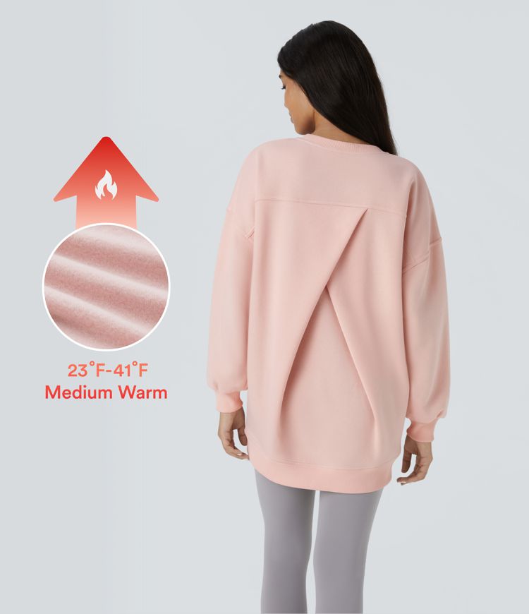 Round Neck Long Sleeve Side Pocket Oversize Fleece Casual Sweatshirt