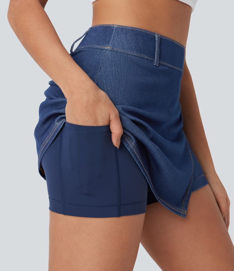 Halara Flex™ High Waisted 2-in-1 Cool Touch Washed Denim Mini Tennis Skirt with Pocket