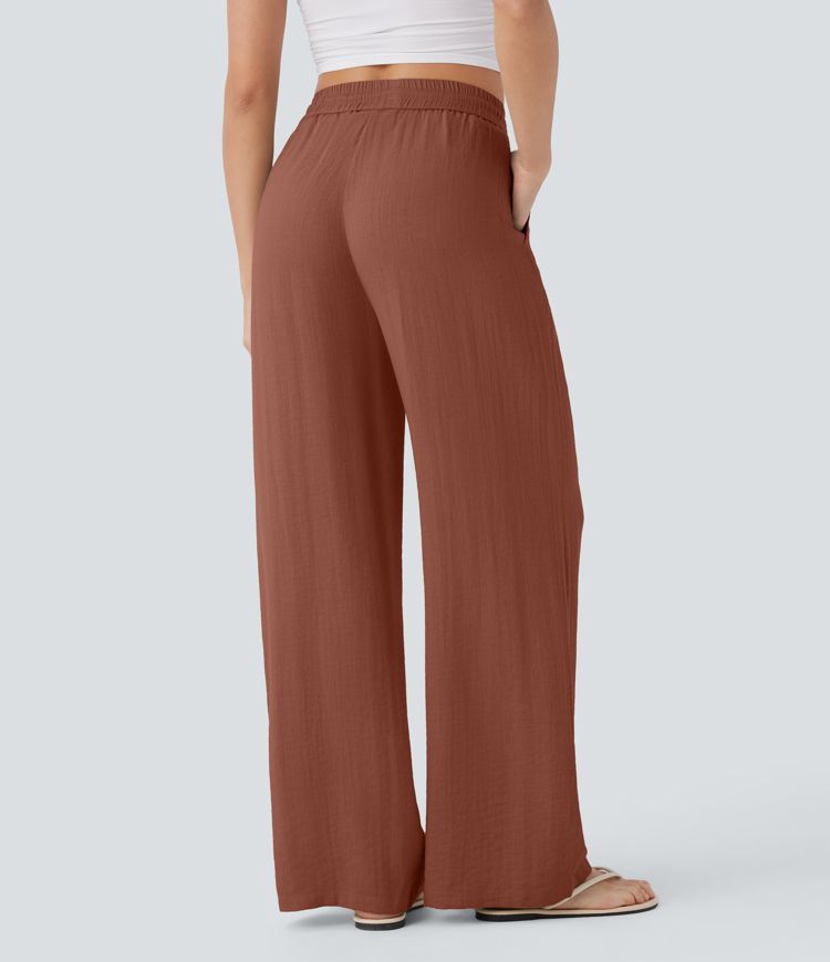 High Waisted Drawstring Side Pocket Wide Leg Casual Pants