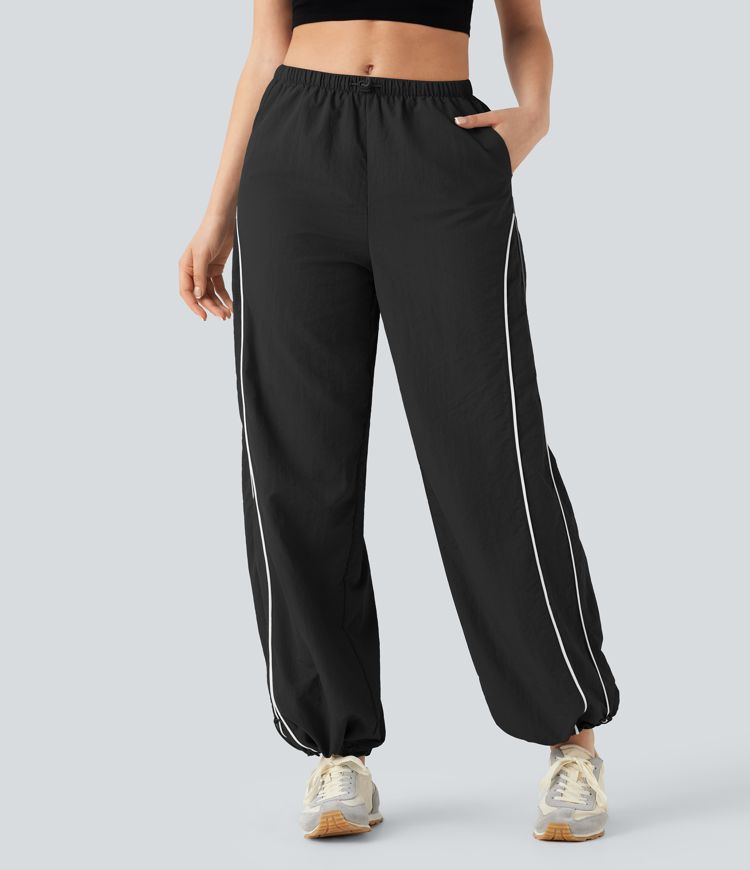 Pantalones casuales de tiro medio con cordón ajustable, pierna ancha y tacto fresco con bolsillos laterales