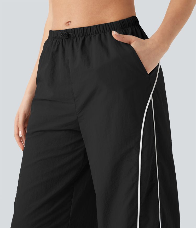 Pantalones casuales de tiro medio con cordón ajustable, pierna ancha y tacto fresco con bolsillos laterales