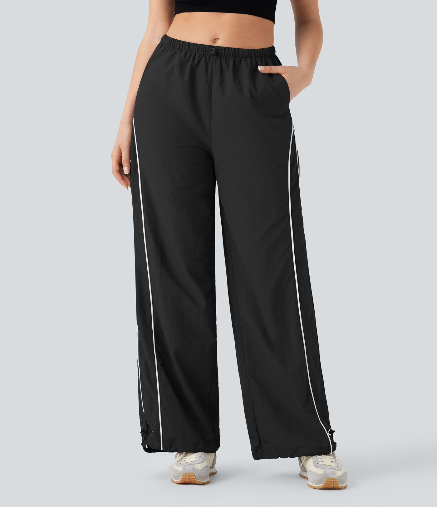 Pantalones casuales de tiro medio con cordón ajustable, pierna ancha y tacto fresco con bolsillos laterales