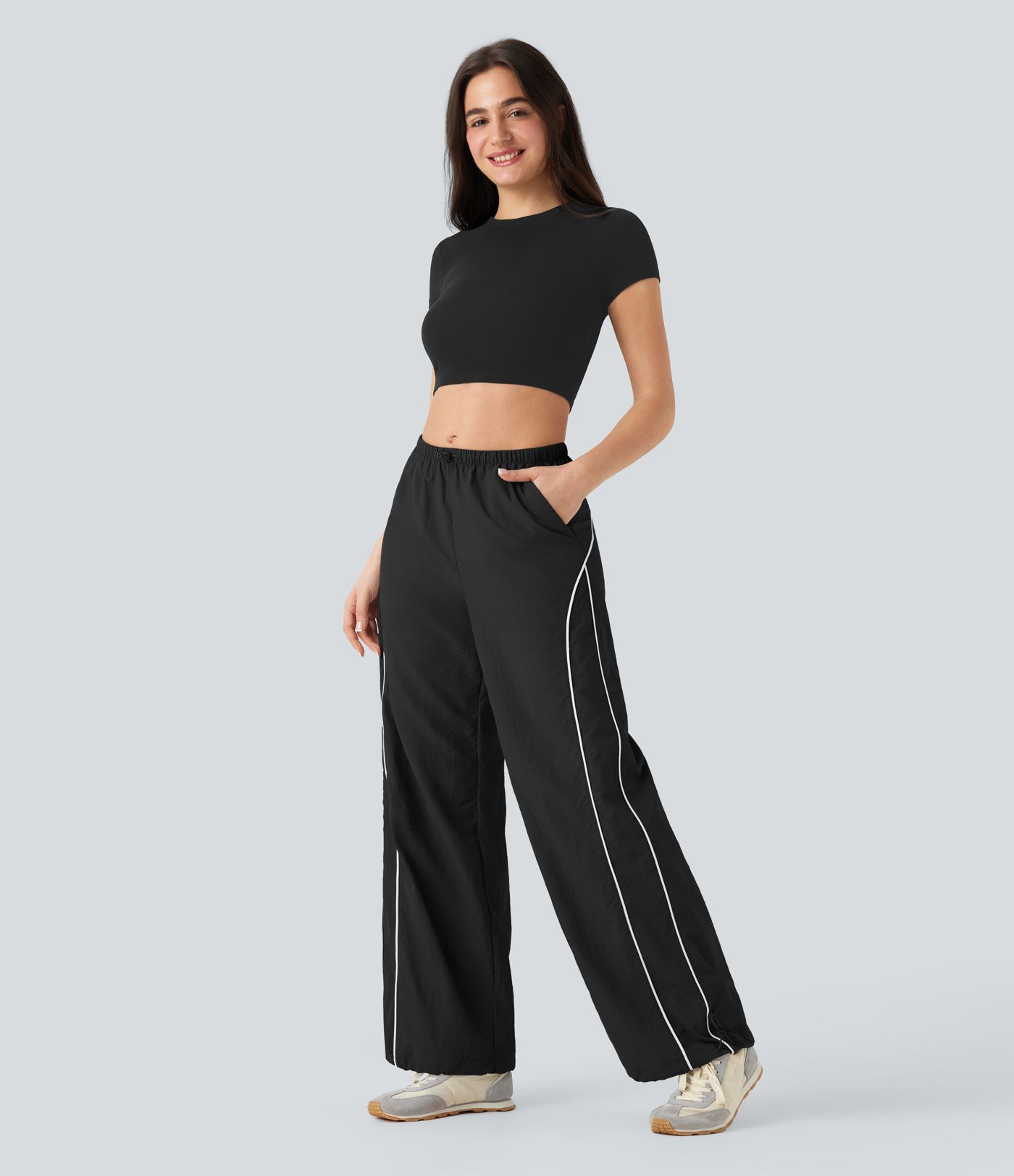 Pantalones casuales de tiro medio con cordón ajustable, pierna ancha y tacto fresco con bolsillos laterales