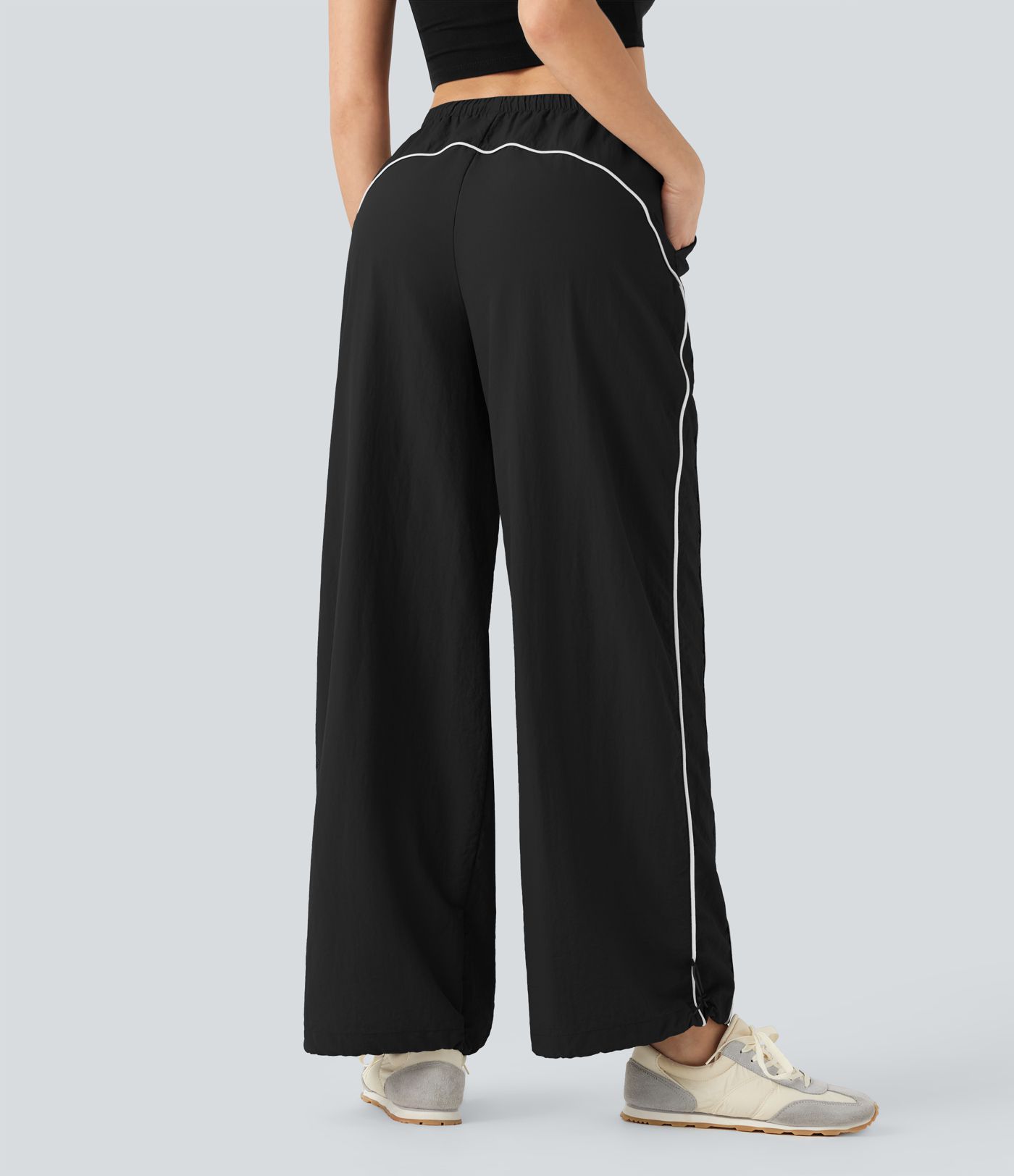 Pantalones casuales de tiro medio con cordón ajustable, pierna ancha y tacto fresco con bolsillos laterales