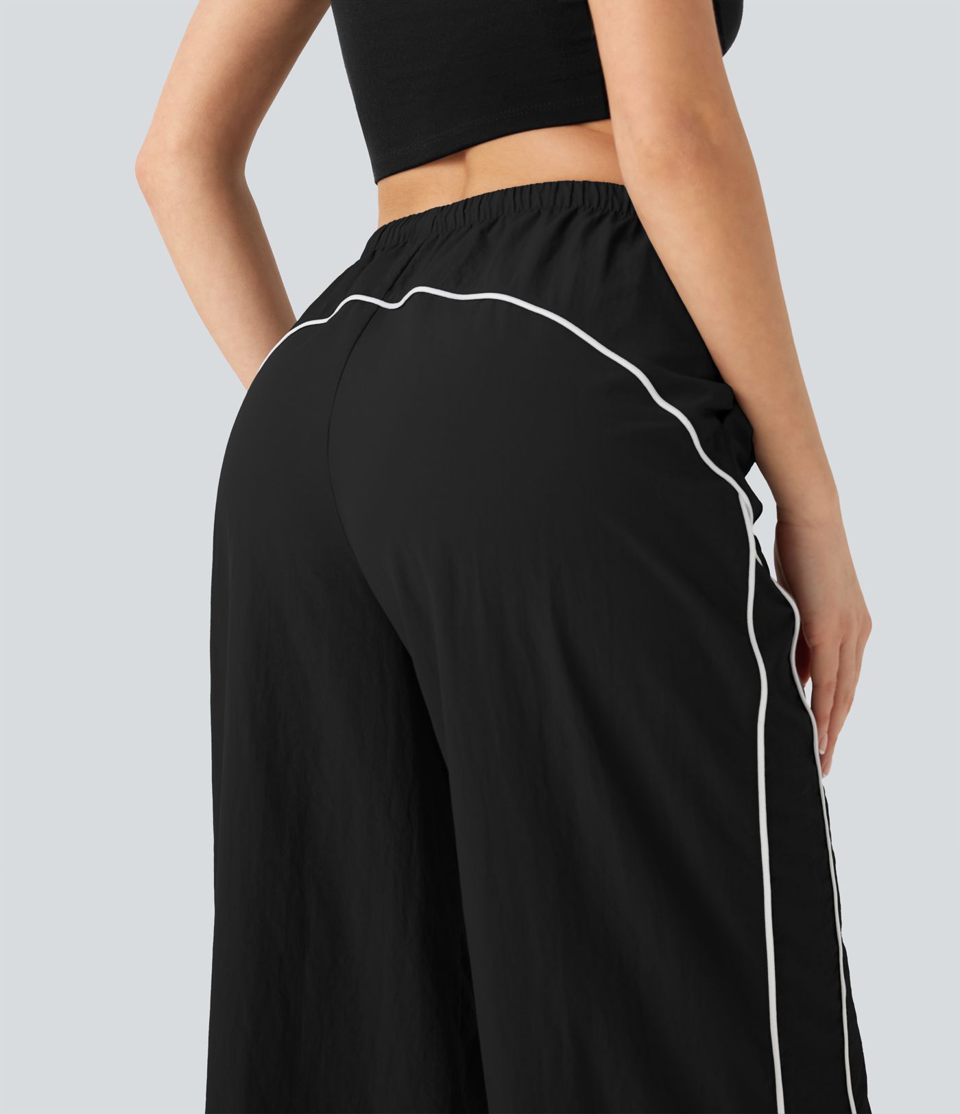 Pantalones casuales de tiro medio con cordón ajustable, pierna ancha y tacto fresco con bolsillos laterales