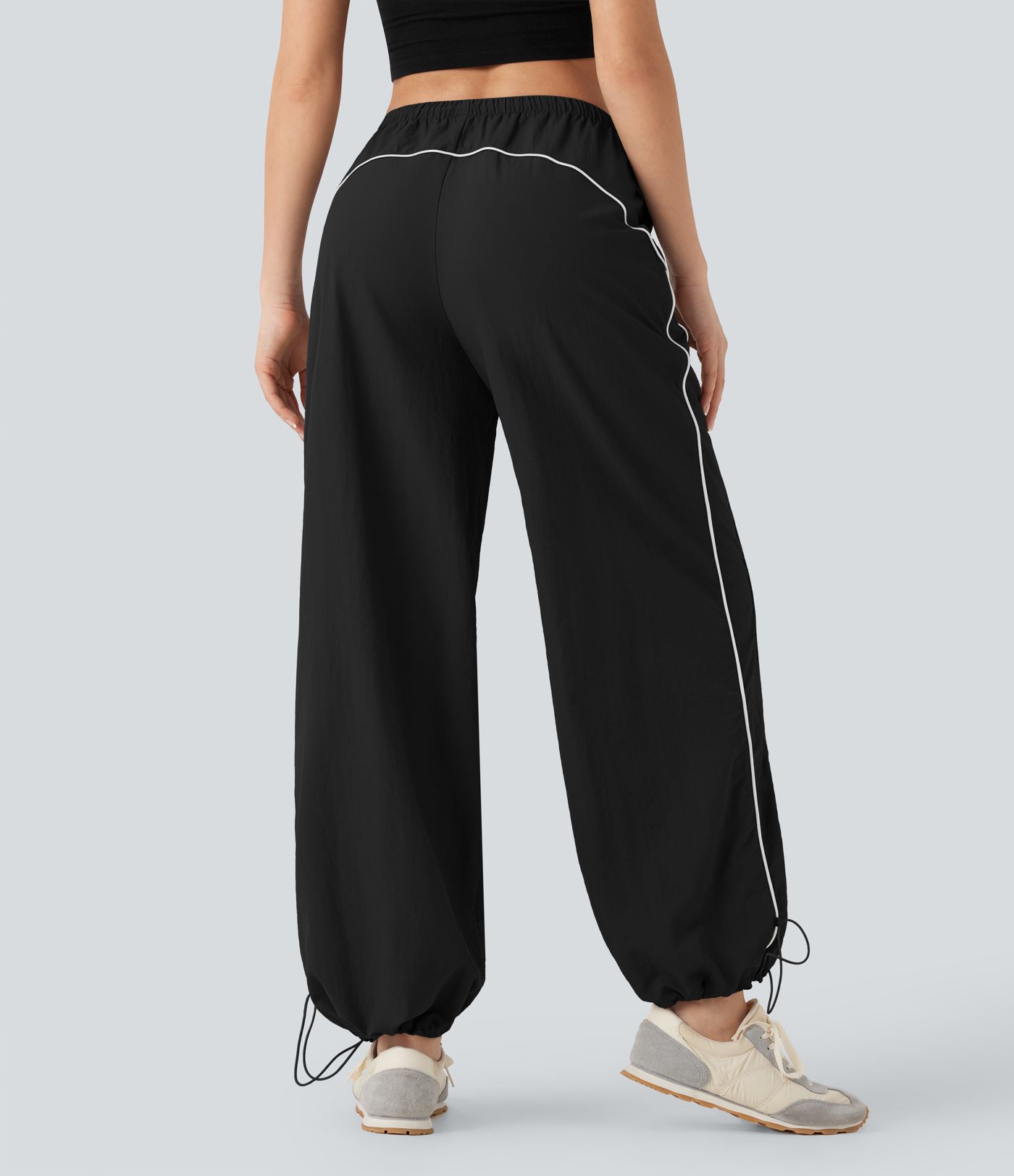 Pantalones casuales de tiro medio con cordón ajustable, pierna ancha y tacto fresco con bolsillos laterales