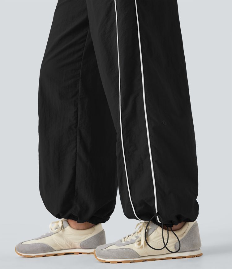 Pantalones casuales de tiro medio con cordón ajustable, pierna ancha y tacto fresco con bolsillos laterales