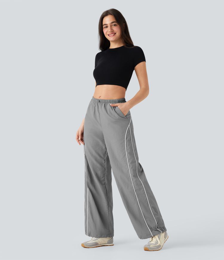 Pantalones casuales de tiro medio con cordón ajustable, pierna ancha y tacto fresco con bolsillos laterales