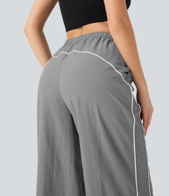 Pantalones casuales de tiro medio con cordón ajustable, pierna ancha y tacto fresco con bolsillos laterales