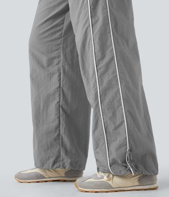 Pantalones casuales de tiro medio con cordón ajustable, pierna ancha y tacto fresco con bolsillos laterales