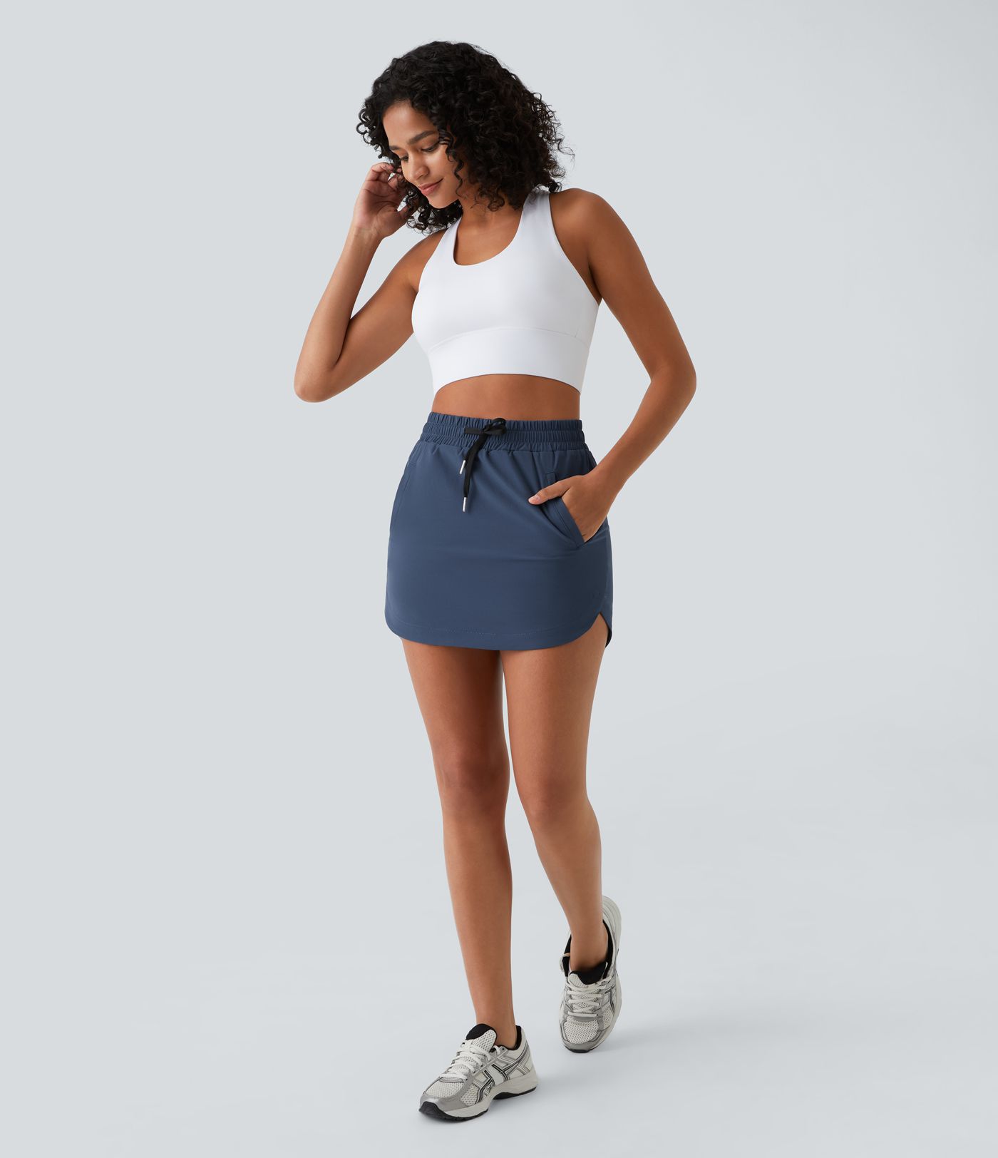 High Waisted Drawstring Side Pocket 2-in-1 Curved Hem Mini Golf Skirt