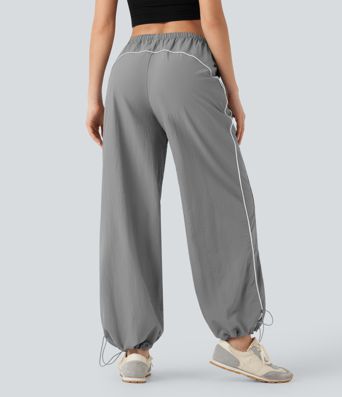 Pantalones casuales de tiro medio con cordón ajustable, pierna ancha y tacto fresco con bolsillos laterales