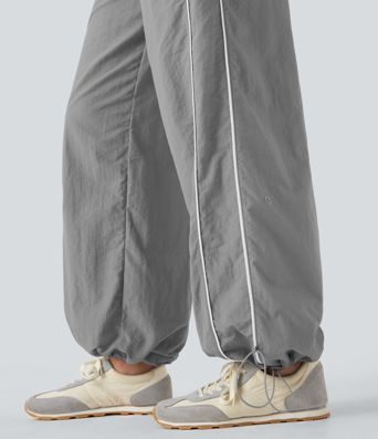 Pantalones casuales de tiro medio con cordón ajustable, pierna ancha y tacto fresco con bolsillos laterales