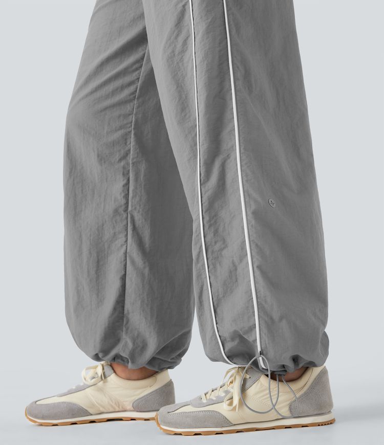 Pantalones casuales de tiro medio con cordón ajustable, pierna ancha y tacto fresco con bolsillos laterales