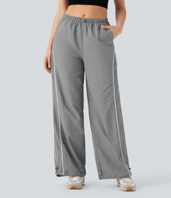 Pantalones casuales de tiro medio con cordón ajustable, pierna ancha y tacto fresco con bolsillos laterales