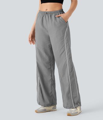 Pantalones casuales de tiro medio con cordón ajustable, pierna ancha y tacto fresco con bolsillos laterales