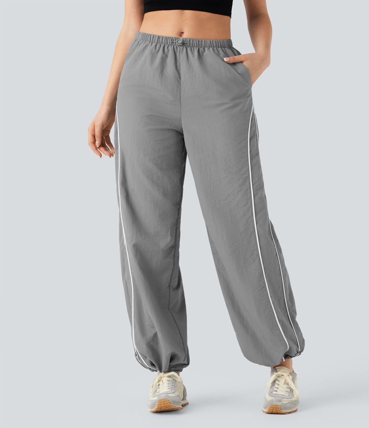 Pantalones casuales de tiro medio con cordón ajustable, pierna ancha y tacto fresco con bolsillos laterales